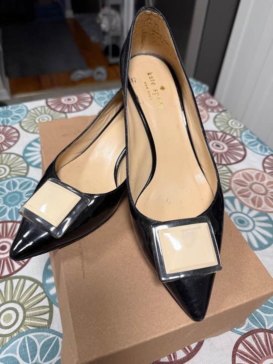 kate spade Shoes - kate spade Black Patent Pointed Toe Flats with Cream Square Accent